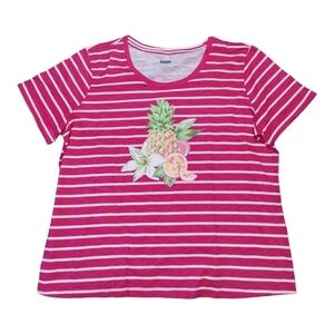Basic Editions Scoop-Neck Short Sleeve Tropical Graphic Stripes‎ Tee